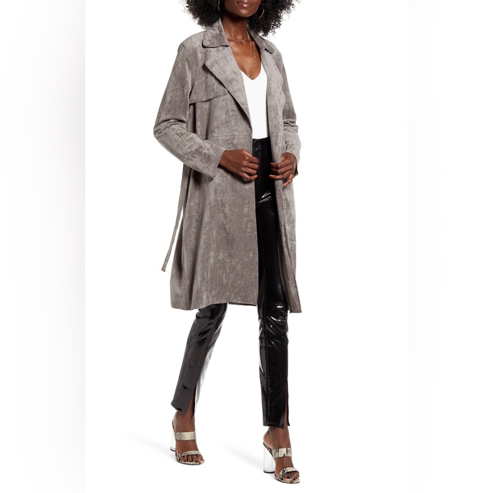 Blank NYC Vegan Suede Duster Jacket Small Gray Open Front Trench Coat